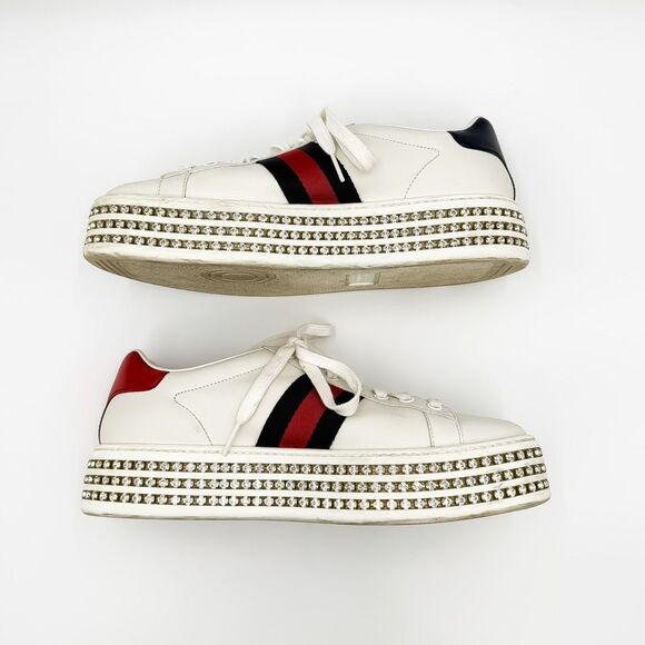 Gucci Ace Web Stripe Crystal Platform White Leather Bee Sneakers Size 37.5, 7.5 - Picture 7 of 15